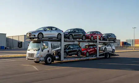 Car transporter loaded with vehicles in Gaithersburg, Maryland, United States