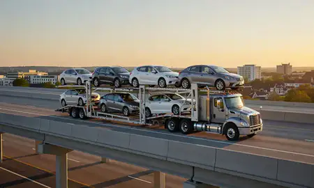 Car transporter with the Gaithersburg, Maryland, United States skyline behind it