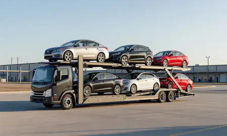 Car transporter loaded with vehicles in Germantown, Maryland, United States