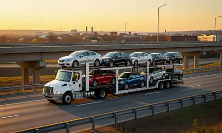 Car transporter with the Germantown, Maryland, United States skyline behind it