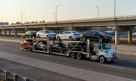 Car transporter with the Glen Burnie, Maryland, United States skyline behind it
