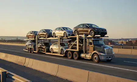 Car transporter with the Hagerstown, Maryland, United States skyline behind it