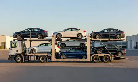 Car transporter parked in an industrial area of North Bethesda, Maryland, United States