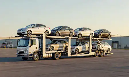 Car transporter loaded with vehicles in North Bethesda, Maryland, United States