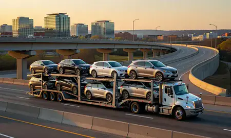 Car transporter with the North Bethesda, Maryland, United States skyline behind it