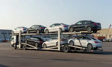 Car transporter loaded with vehicles in Odenton, Maryland, United States