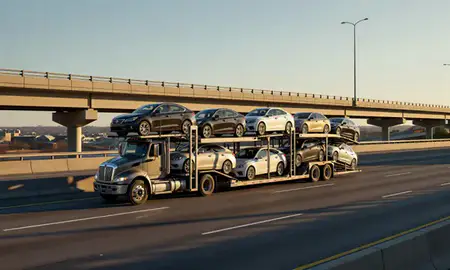 Car transporter with the Odenton, Maryland, United States skyline behind it