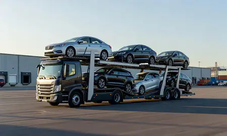 Car transporter loaded with vehicles in Potomac, Maryland, United States