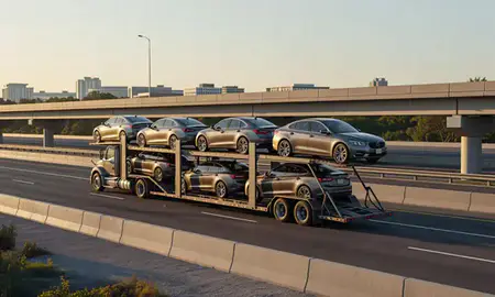 Car transporter with the Potomac, Maryland, United States skyline behind it