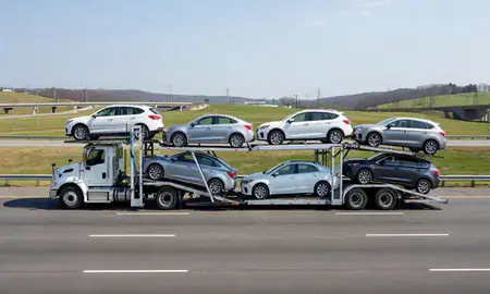 Multi-level car carrier on the highway to Randallstown, Maryland, United States