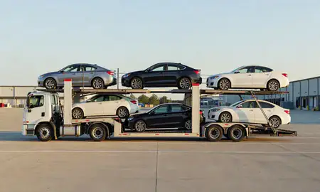 Car transporter parked in an industrial area of Randallstown, Maryland, United States