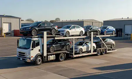 Car transporter loaded with vehicles in Randallstown, Maryland, United States