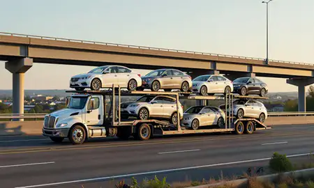 Car transporter with the Randallstown, Maryland, United States skyline behind it