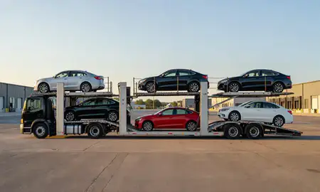 Car transporter parked in an industrial area of Rockville, Maryland, United States