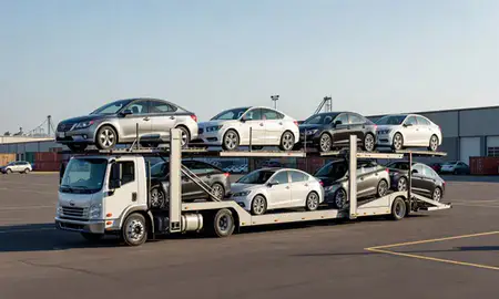 Car transporter loaded with vehicles in Rockville, Maryland, United States