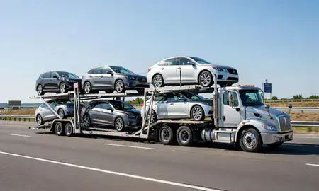 Multi-level car carrier on the highway to Salisbury, Maryland, United States