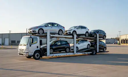 Car transporter loaded with vehicles in Salisbury, Maryland, United States