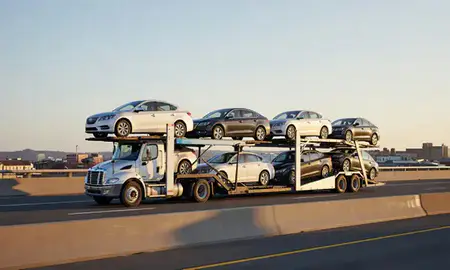 Car transporter with the Salisbury, Maryland, United States skyline behind it