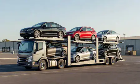 Car transporter loaded with vehicles in Severn, Maryland, United States