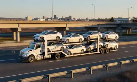 Car transporter with the Severn, Maryland, United States skyline behind it