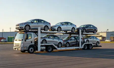 Car transporter loaded with vehicles in Severna Park, Maryland, United States