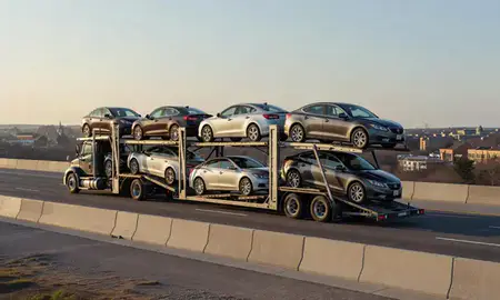 Car transporter with the Severna Park, Maryland, United States skyline behind it