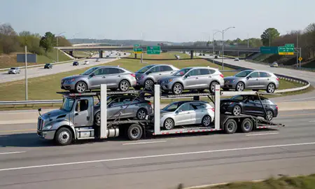 Multi-level car carrier on the highway to Silver Spring, Maryland, United States