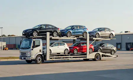 Car transporter loaded with vehicles in Silver Spring, Maryland, United States