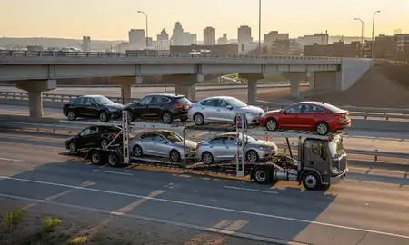 Car transporter with the Silver Spring, Maryland, United States skyline behind it