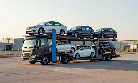 Car transporter loaded with vehicles in Towson, Maryland, United States