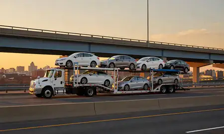 Car transporter with the Towson, Maryland, United States skyline behind it
