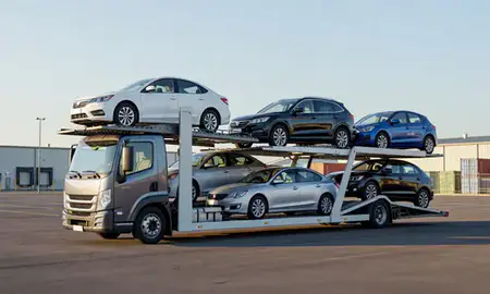 Car transporter loaded with vehicles in Waldorf, Maryland, United States