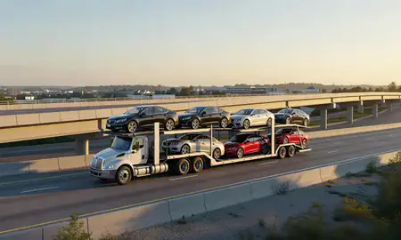 Car transporter with the Waldorf, Maryland, United States skyline behind it