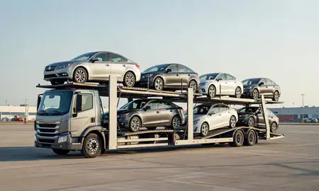 Car transporter loaded with vehicles in Wheaton, Maryland, United States
