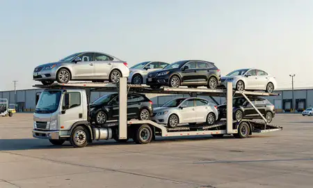 Car transporter loaded with vehicles in Woodlawn, Maryland, United States