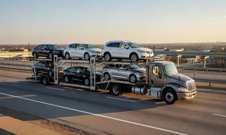 Car transporter with the Woodlawn, Maryland, United States skyline behind it