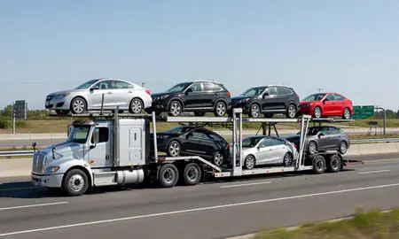 Multi-level car carrier on the highway to Massachusetts, United States