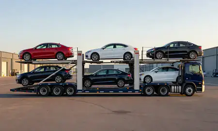 Car transporter parked in an industrial area of Massachusetts, United States