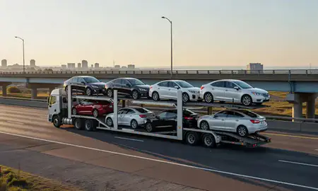Car transporter with the Massachusetts, United States skyline behind it