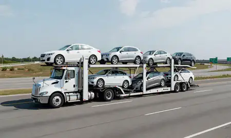 Multi-level car carrier on the highway to Attleboro, Massachusetts, United States