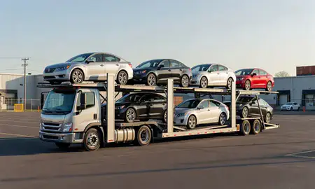 Car transporter loaded with vehicles in Attleboro, Massachusetts, United States