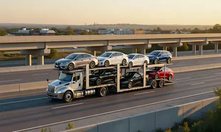 Car transporter with the Attleboro, Massachusetts, United States skyline behind it