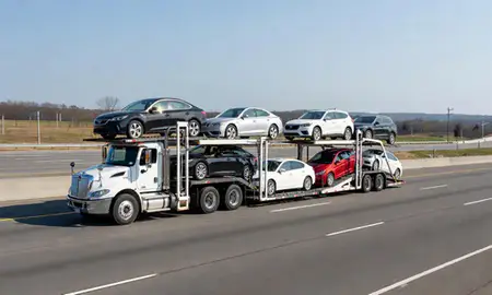 Multi-level car carrier on the highway to Beverly, Massachusetts, United States