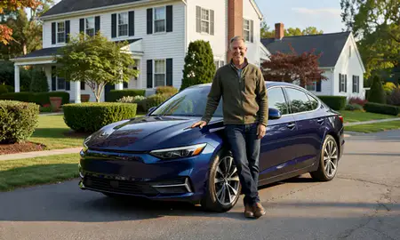 Customer with their delivered car in Beverly, Massachusetts, United States