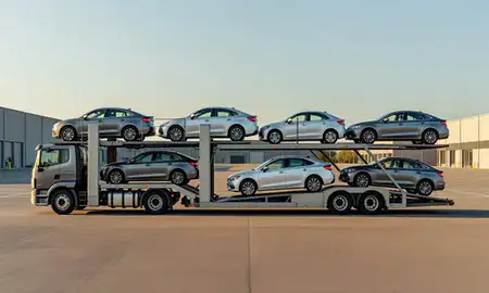 Car transporter parked in an industrial area of Beverly, Massachusetts, United States