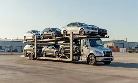 Car transporter loaded with vehicles in Beverly, Massachusetts, United States