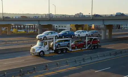 Car transporter with the Beverly, Massachusetts, United States skyline behind it