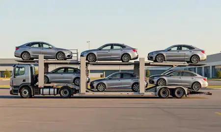 Car transporter parked in an industrial area of Boston, Massachusetts, United States