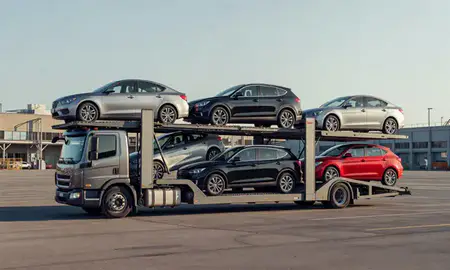 Car transporter loaded with vehicles in Boston, Massachusetts, United States