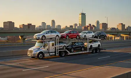Car transporter with the Boston, Massachusetts, United States skyline behind it